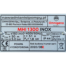 MHI1300 / Inox 1,3kW 230V seria E silnik / stojan pompy OMNIGENA