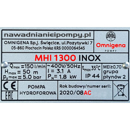 MHI1300 / Inox 1,3kW 230V seria AC silnik / stojan pompy OMNIGENA